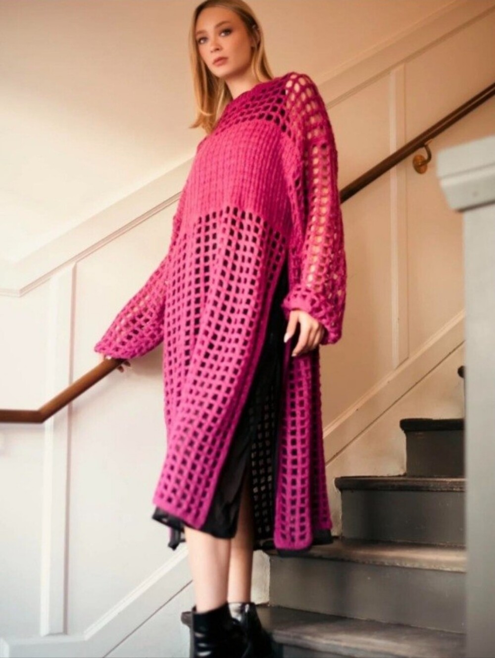 KATE HEWKO Crochet Long Chunky Overlay Sweater Tunic Dress Large Magenta Purple